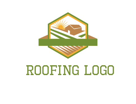 ribbon around sun and barn house with fields in hexagon farm logo