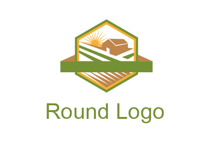 ribbon around sun and barn house with fields in hexagon farm logo