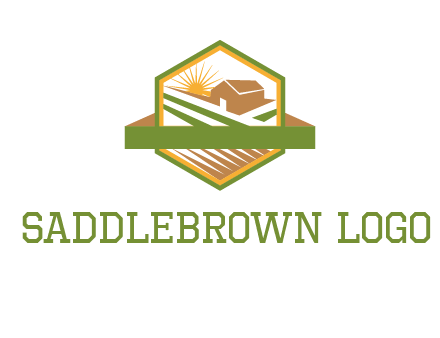 ribbon around sun and barn house with fields in hexagon farm logo