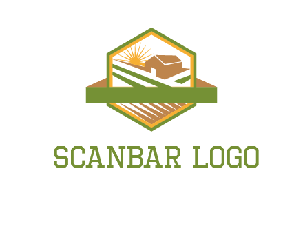 ribbon around sun and barn house with fields in hexagon farm logo