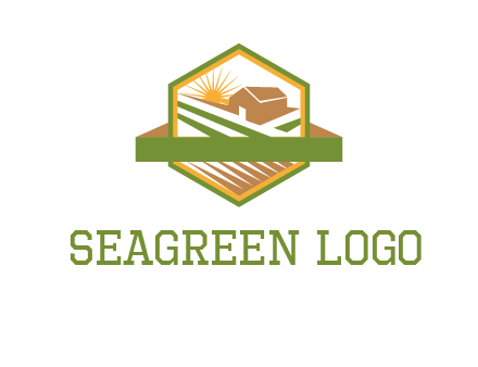 ribbon around sun and barn house with fields in hexagon farm logo