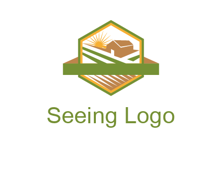 ribbon around sun and barn house with fields in hexagon farm logo