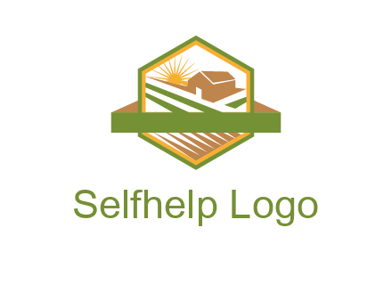 ribbon around sun and barn house with fields in hexagon farm logo