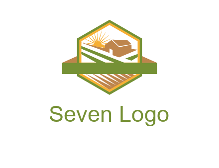 ribbon around sun and barn house with fields in hexagon farm logo