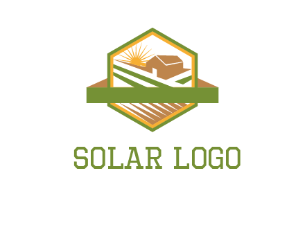 ribbon around sun and barn house with fields in hexagon farm logo
