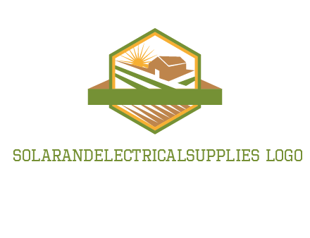 ribbon around sun and barn house with fields in hexagon farm logo