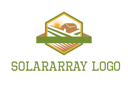 ribbon around sun and barn house with fields in hexagon farm logo