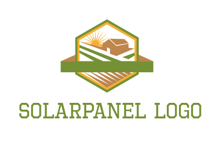 ribbon around sun and barn house with fields in hexagon farm logo