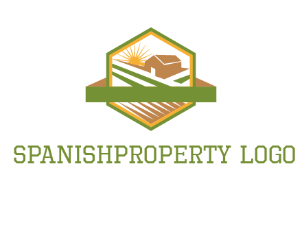 ribbon around sun and barn house with fields in hexagon farm logo