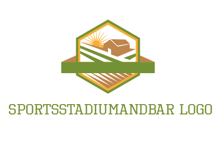 ribbon around sun and barn house with fields in hexagon farm logo