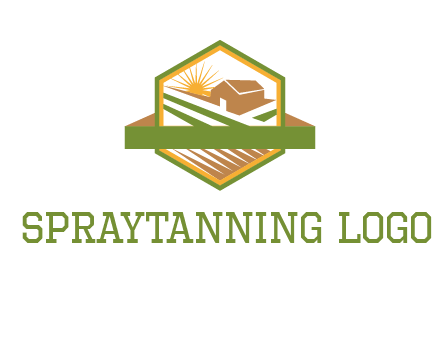 ribbon around sun and barn house with fields in hexagon farm logo