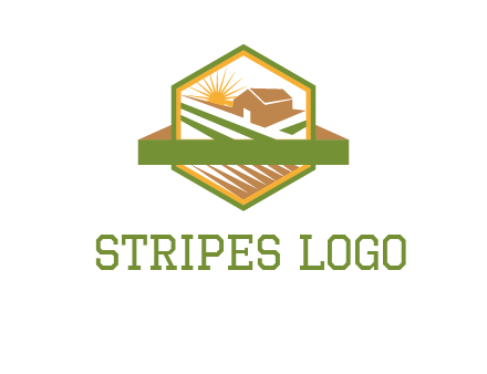 ribbon around sun and barn house with fields in hexagon farm logo