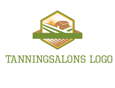 ribbon around sun and barn house with fields in hexagon farm logo