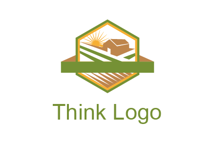 ribbon around sun and barn house with fields in hexagon farm logo