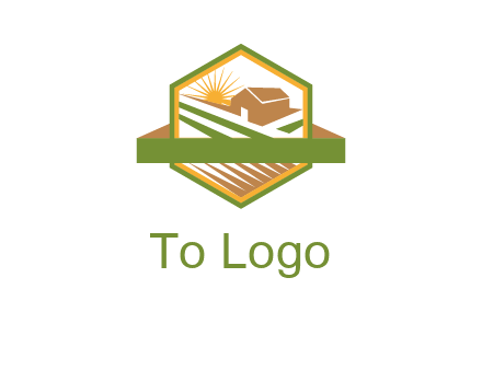 ribbon around sun and barn house with fields in hexagon farm logo