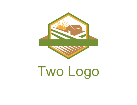 ribbon around sun and barn house with fields in hexagon farm logo