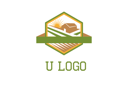 ribbon around sun and barn house with fields in hexagon farm logo
