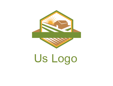 ribbon around sun and barn house with fields in hexagon farm logo