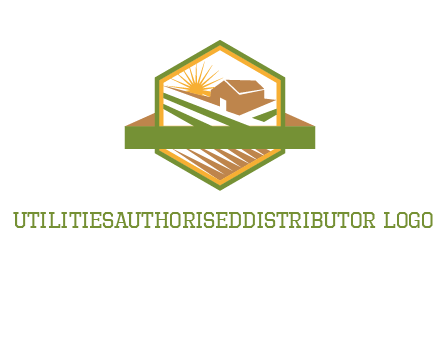 ribbon around sun and barn house with fields in hexagon farm logo