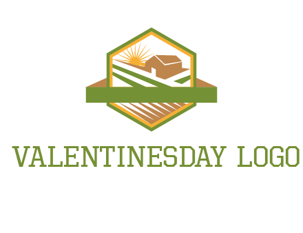 ribbon around sun and barn house with fields in hexagon farm logo