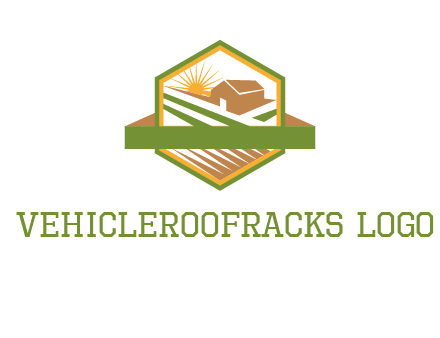 ribbon around sun and barn house with fields in hexagon farm logo