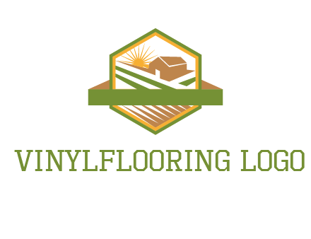 ribbon around sun and barn house with fields in hexagon farm logo