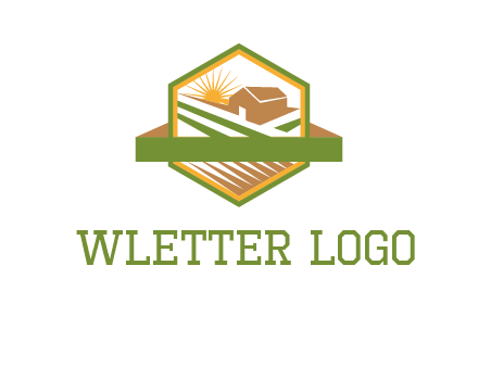 ribbon around sun and barn house with fields in hexagon farm logo