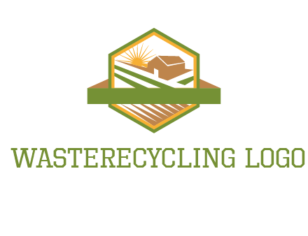 ribbon around sun and barn house with fields in hexagon farm logo