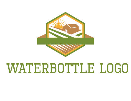 ribbon around sun and barn house with fields in hexagon farm logo