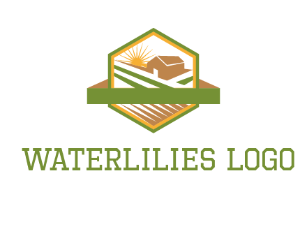 ribbon around sun and barn house with fields in hexagon farm logo