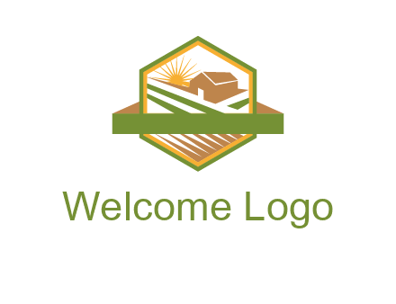 ribbon around sun and barn house with fields in hexagon farm logo