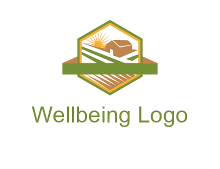 ribbon around sun and barn house with fields in hexagon farm logo
