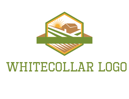 ribbon around sun and barn house with fields in hexagon farm logo