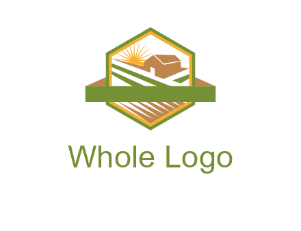 ribbon around sun and barn house with fields in hexagon farm logo