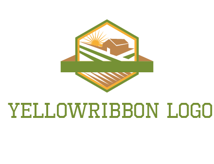 ribbon around sun and barn house with fields in hexagon farm logo