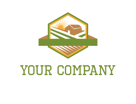 ribbon around sun and barn house with fields in hexagon farm logo