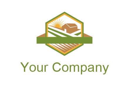 ribbon around sun and barn house with fields in hexagon farm logo