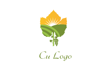 leaf shape cutout of sun and grape farm vineyard logo