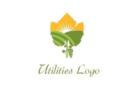 leaf shape cutout of sun and grape farm vineyard logo