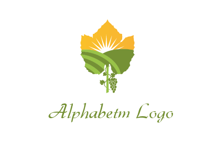 leaf shape cutout of sun and grape farm vineyard logo