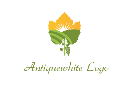 leaf shape cutout of sun and grape farm vineyard logo