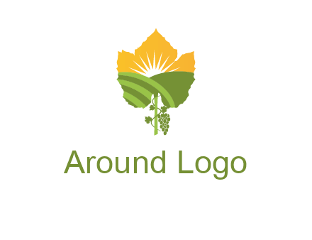 leaf shape cutout of sun and grape farm vineyard logo