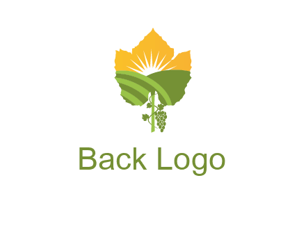 leaf shape cutout of sun and grape farm vineyard logo