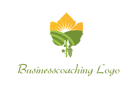 leaf shape cutout of sun and grape farm vineyard logo