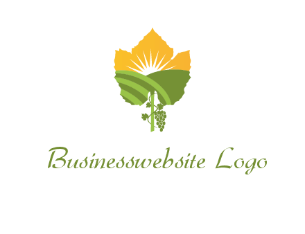 leaf shape cutout of sun and grape farm vineyard logo