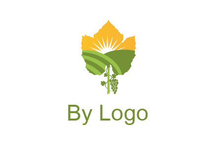 leaf shape cutout of sun and grape farm vineyard logo