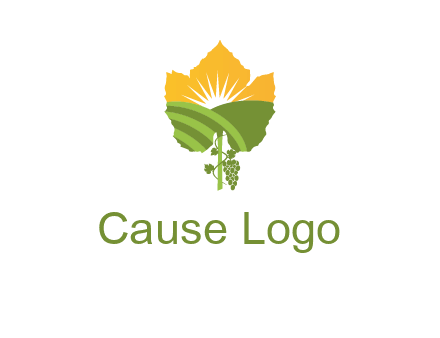 leaf shape cutout of sun and grape farm vineyard logo