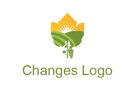 leaf shape cutout of sun and grape farm vineyard logo