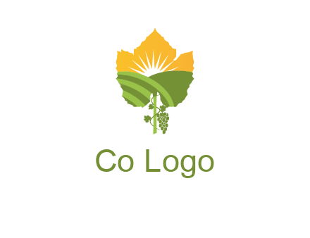 leaf shape cutout of sun and grape farm vineyard logo