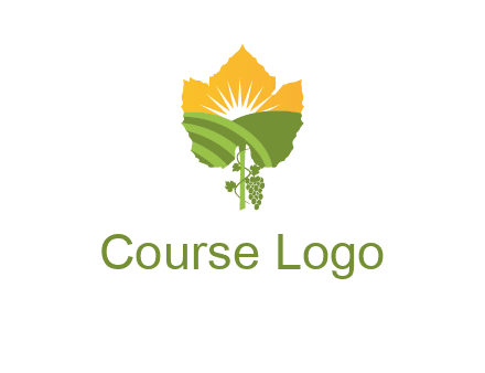 leaf shape cutout of sun and grape farm vineyard logo